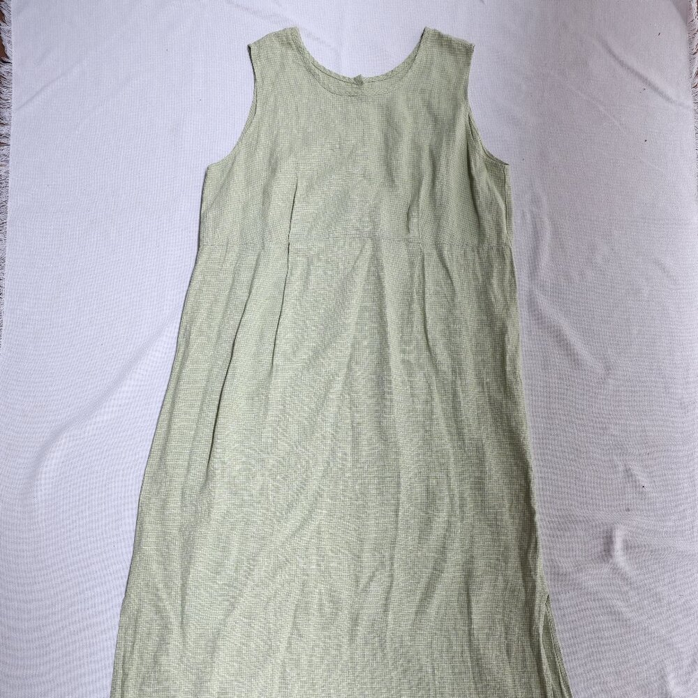 Vintage FLAX L green gingham linen round neck button front empire maxi sundress